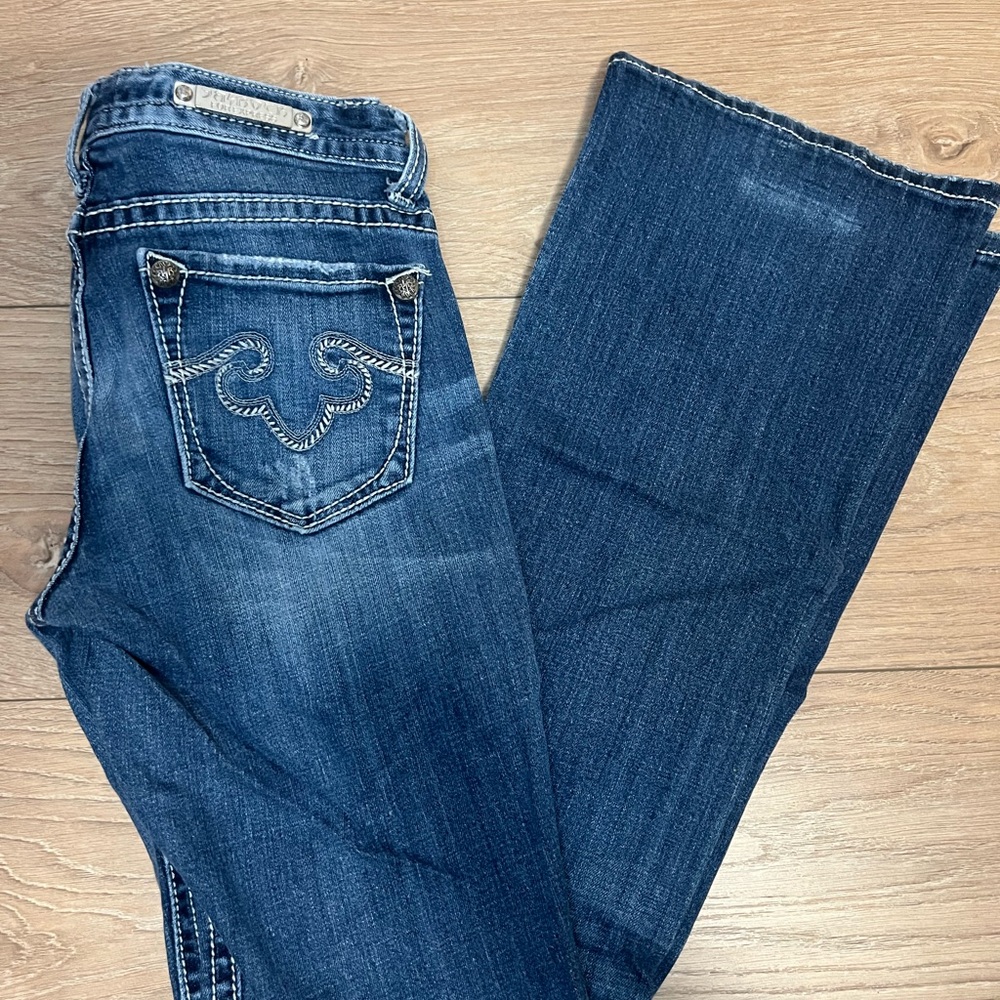 Rerock for Express Dark Blue Boot Cut Jeans with Back Pocket Detailing
